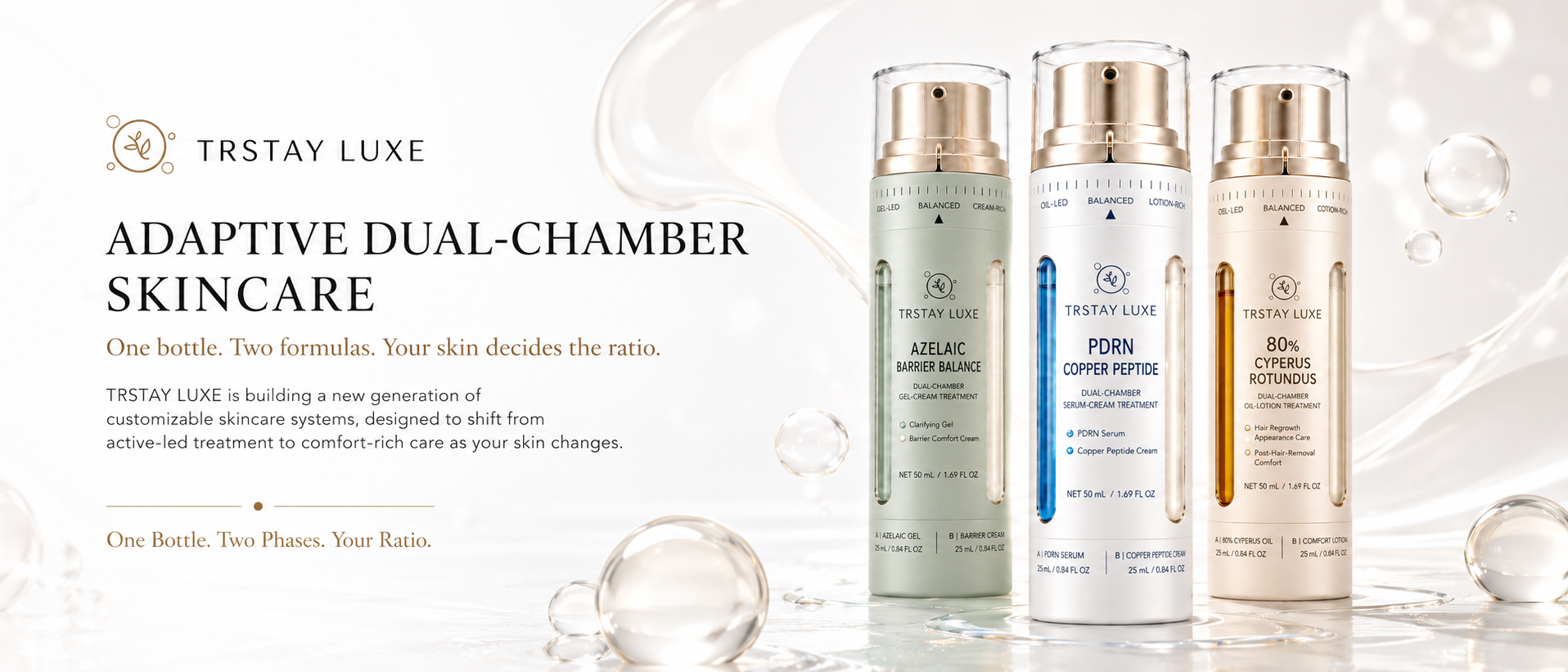 TRSTAY LUXE Adaptive Dual-Chamber Skincare with three dual-chamber treatment bottles